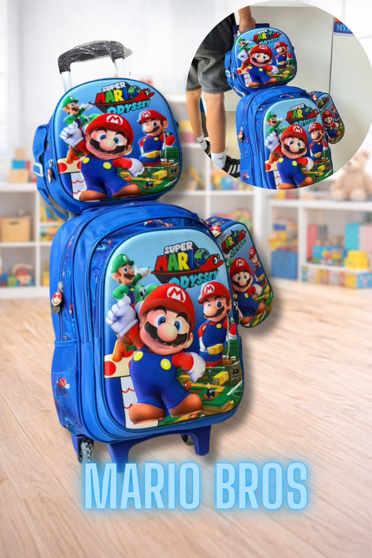 COMBO MORRAL CON RUEDAS, LONCHERA Y CARTUCHERA 3D