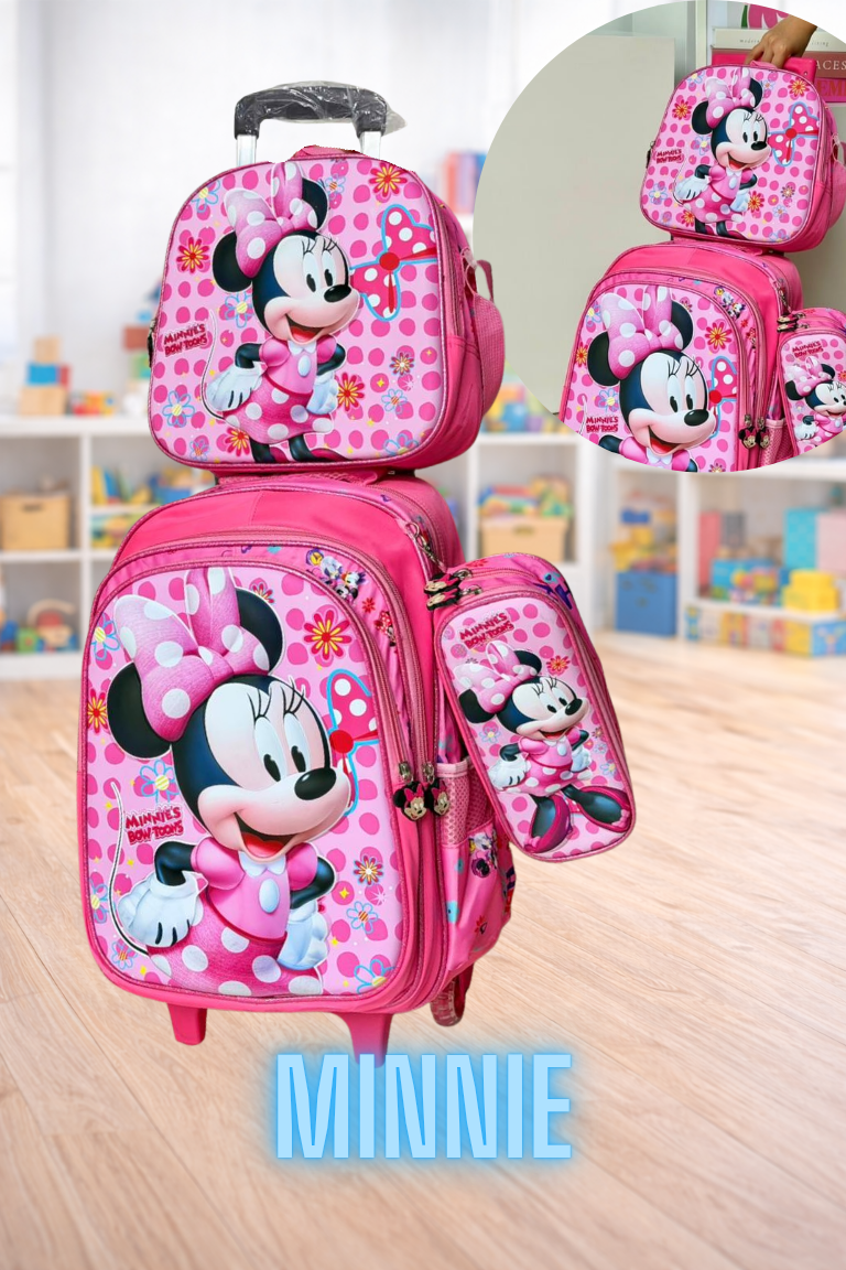 COMBO MORRAL CON RUEDAS, LONCHERA Y CARTUCHERA 3D