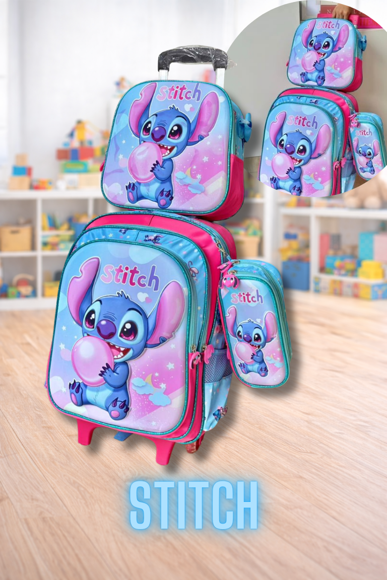 COMBO MORRAL CON RUEDAS, LONCHERA Y CARTUCHERA 3D