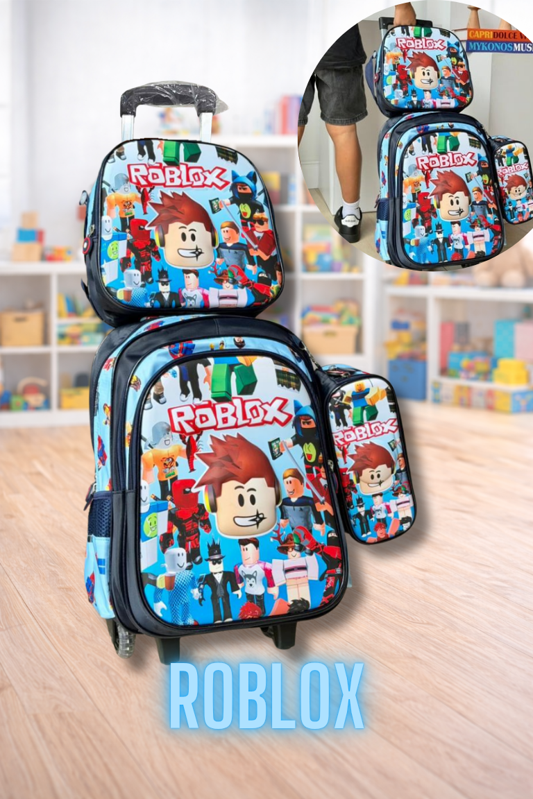 COMBO MORRAL CON RUEDAS, LONCHERA Y CARTUCHERA 3D