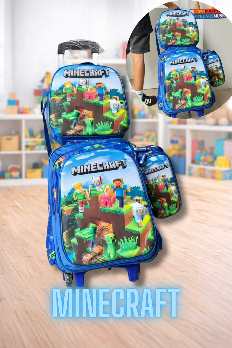 COMBO MORRAL CON RUEDAS, LONCHERA Y CARTUCHERA 3D