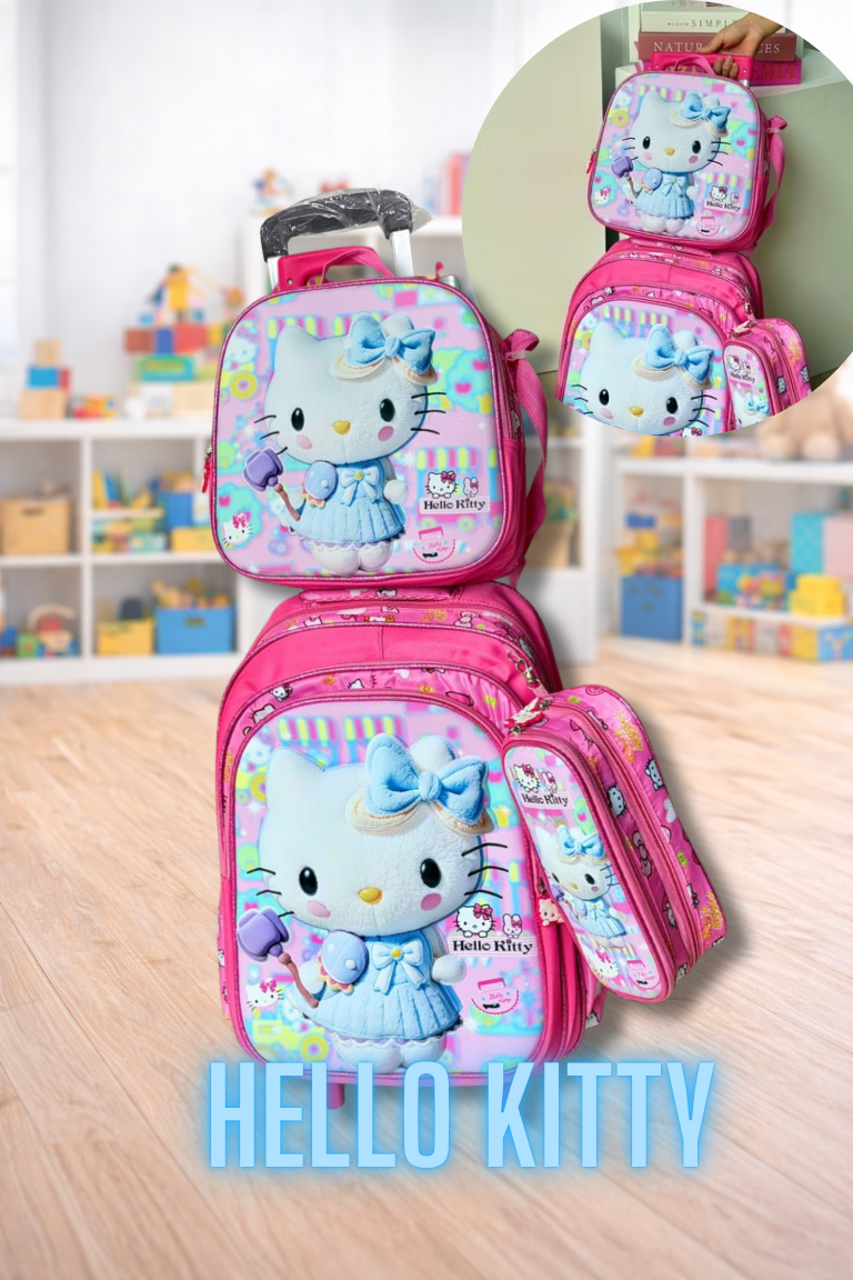 COMBO MORRAL CON RUEDAS, LONCHERA Y CARTUCHERA 3D