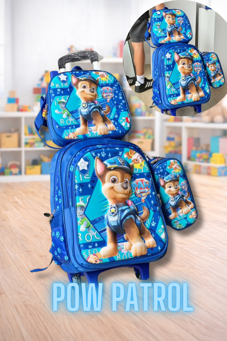 COMBO MORRAL CON RUEDAS, LONCHERA Y CARTUCHERA 3D