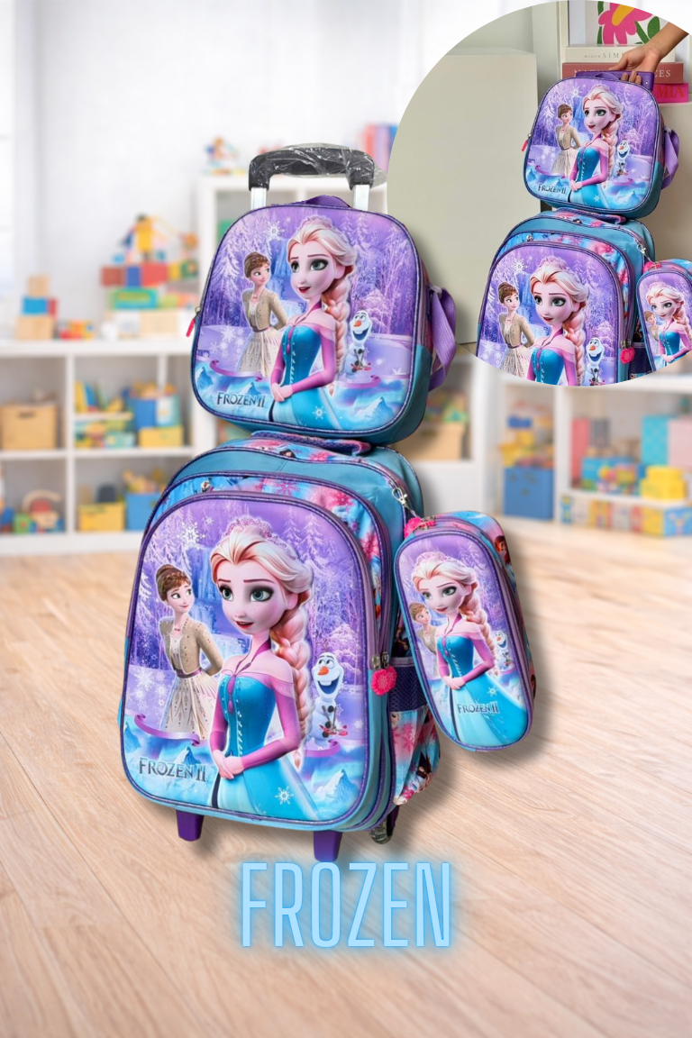 COMBO MORRAL CON RUEDAS, LONCHERA Y CARTUCHERA 3D