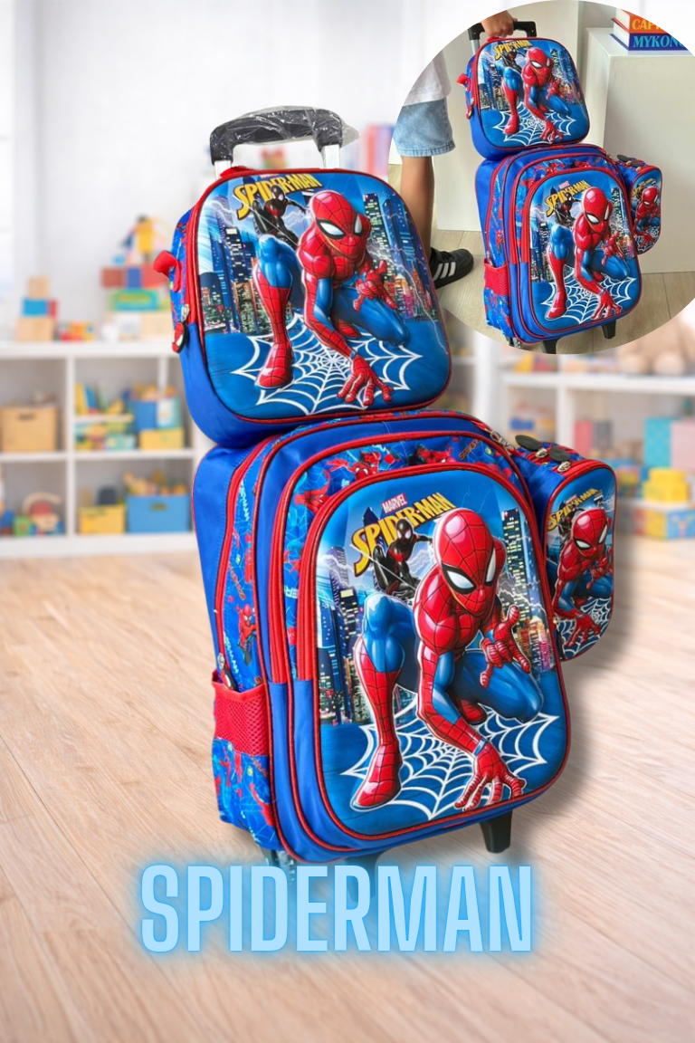 COMBO MORRAL CON RUEDAS, LONCHERA Y CARTUCHERA 3D