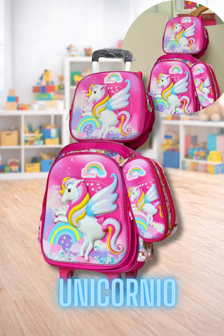 COMBO MORRAL CON RUEDAS, LONCHERA Y CARTUCHERA 3D