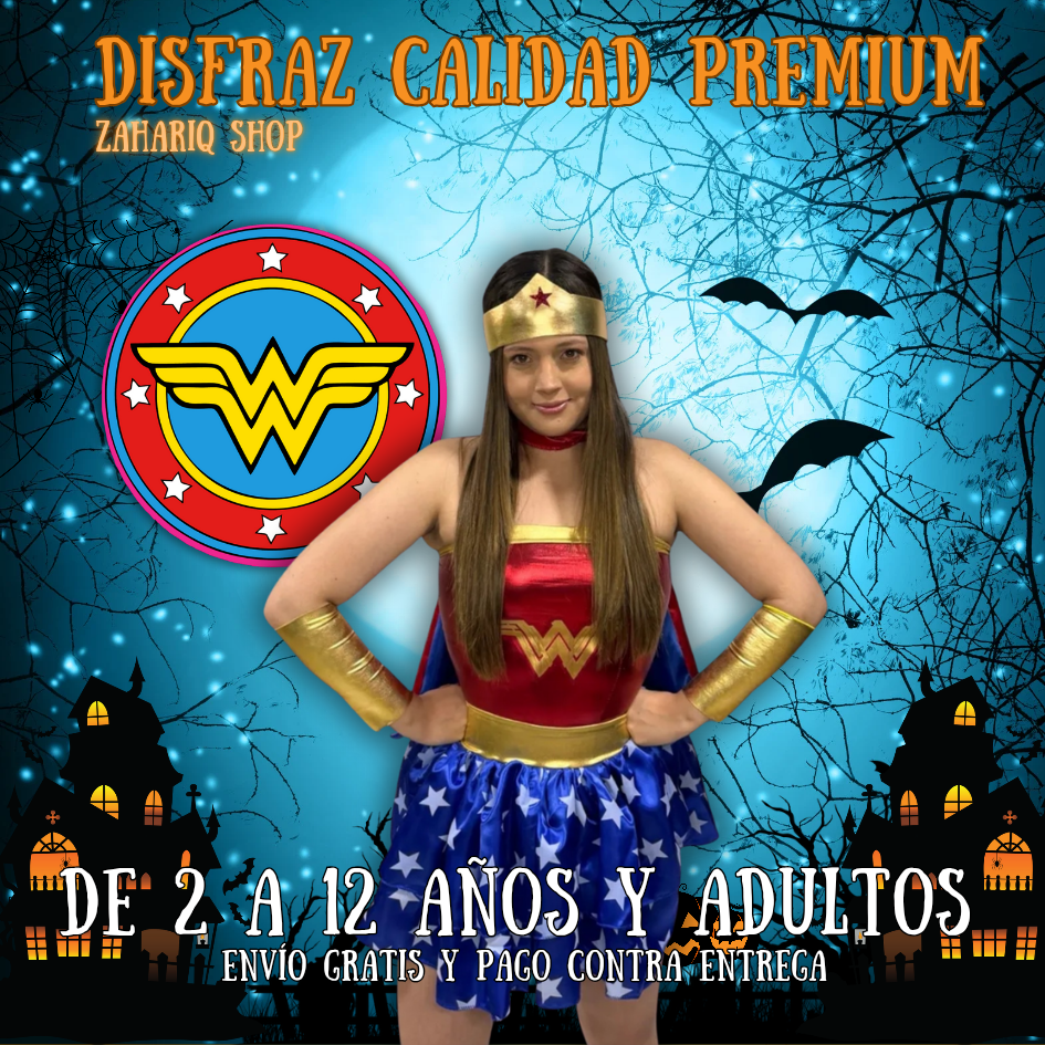 DISFRAZ MUJER MARAVILLA TIPO PREMIUM TALLA 2 A 12 Y ADULTO S Y M